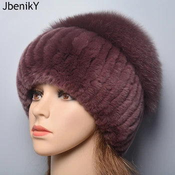 2024 Нови руски зимни топли жени естествени истински Rex заешки кожени шапки истински лисица кожа бомбардировач шапка дама топло плета истински кожени шапки
