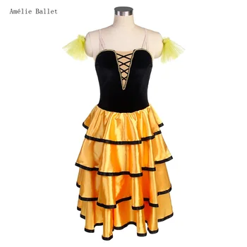 23154 Черно кадифе елече с оранжево дълго романтично пачка пола за възрастни момичета балет танц рокля изпълнение костюм