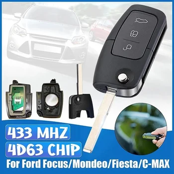 3 бутона флип сгъваем ключ за дистанционно управление 433Mhz 4D63 80Bit за Ford Focus Mondeo Fiesta Galaxy FOB Case HU101 Blade