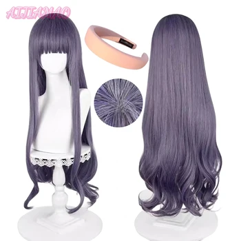 Anime Card Captors Sakura Daidouji Tomoyo Cosplay Wig Long 75cm Purple Gray Curly Hair Heat Resistant Synthetic Wigs + Wig Cap