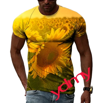 New Tide Fashion Summer Sunflower Picture Casual Print Tees Hip Hop Personality Round Neck Short Sleev Tops Мъжка тениска