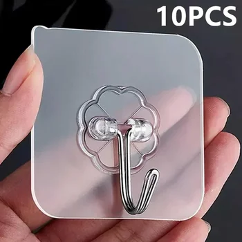 10PCS Прозрачна неръждаема стомана Силни самозалепващи се куки Закачалка за съхранение на ключове за кухненска баня Врата на вратата на кухнята Многофункционална