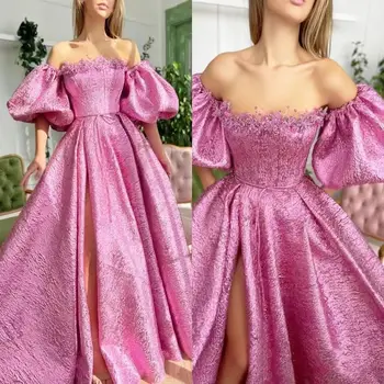 18180#Elegant A-line Pink Off-shoulder Evening Dress with Puff Short Sleeves Sexy Leg Split Prom рокля за жени 2023