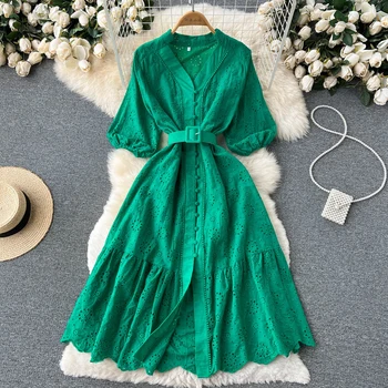 2023 Зелена лятна мода V-образно деколте издълбани бутер ръкав хлабав рокля плаж Hoho Макси жени рокли SR656