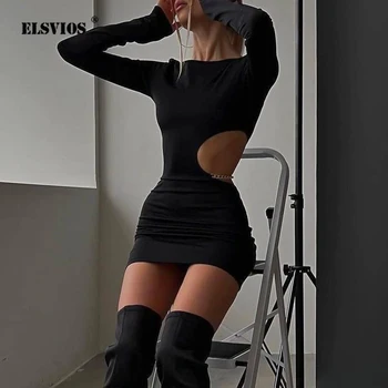 2023 Мода Нова секси куха талия красиви жени рокля метална верига снаждане тънък годни дълъг ръкав увити хип рокля за жени