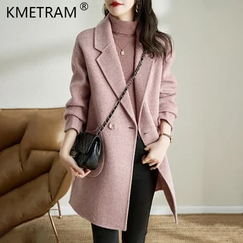2023 Нова мода 100% вълнени палта за жени есен зима средна дължина елегантен розов вълнен яке рибена кост модел тънък Abrigos