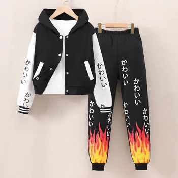 2023 Нова мода Детско облекло момичета с дълъг ръкав с качулка японски пламък печат отгоре + панталони есен и зима детски облекло