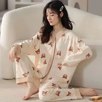 2023 Размер от висок клас пролетна пижама голяма за дълги свободни чисти V-образно деколте комплект есенни жени жилетка домашно облекло годни памук ръкав случайни