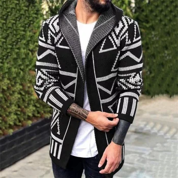 2024 Мъжки трикотаж жилетка геометричен печат качулка пуловер есенна мода случайни streetwear мъже плета дълъг ръкав яке