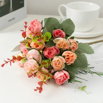 21 глави изкуствени фалшиви букети от рози Декорация на цветя за маса Домашен офис Сватба булчински душ кабина Кухненска декорация