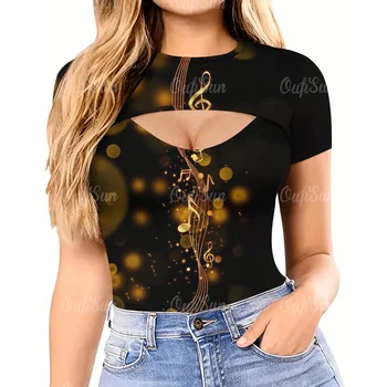 3D музикална тениска Секси къс ръкав тънък годни къси кухи тениски Дамски дрехи с кръгло деколте Летни върхове T Облекло 2024