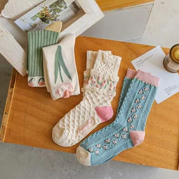 4 чифта/комплект нови дамски чорапи сладък mori лалета жокер момичета купчина чорапи цветя harajuku лолита чорапи топъл етаж спи следродилна