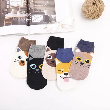 5 чифта Смешни Сладки Японски Карикатура Животински жени Чорапи Kawaii Cat Dog Къси чорапи лодка Корейска мода Ежедневни глезена момичета чорапи