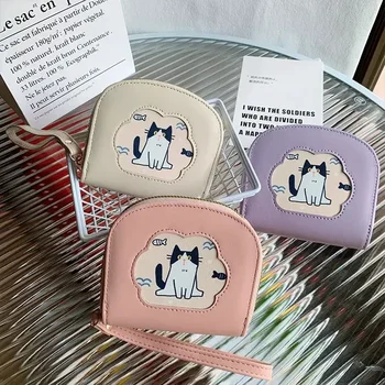 5Pcs сладък котка портфейл карта чанта преносим ръчен къс портфейл цип монета чанта жените съединител чанта портфейл