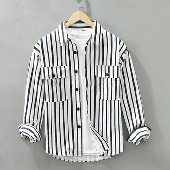 6681 Пролет есен мода високо качество мъжки класически раирана риза Япония стил двоен джоб реколта случайни блузи върховете мъжки