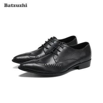 Batzuzhi италиански стил мода мъжки обувки заострени пръсти дантела нагоре официална кожена рокля обувки мъже черни бизнес обувки мъже, големи US6-12