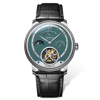 BORMAN Men Автоматичен часовник Луксозен Tourbillon Механичен ръчен часовник Сапфир кожена каишка ST8007 Дата Индикатор за енергия ден-нощ