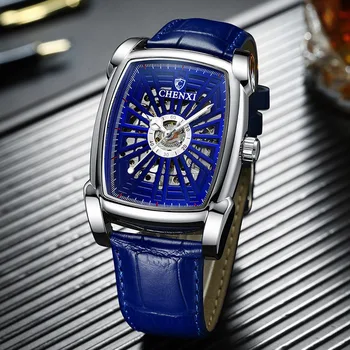 Chenxi Механичен часовник Мъжки сини часовници Кожена лента Автоматична самонавиваща се механична ръчна Часовници Мъжки скелетни часовници Reloj