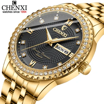 CHENXI Топ марка часовник мъже луксозни диамантено злато часовници неръждаема стомана лента авто дата кварц ръчни часовници мъже Reloj Hombre 2023