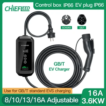 Chiefleed 16A Fixed или 8A 10A 13A Регулируемо EV зарядно GBT Plug 16A 3.6kw с щепсел Schuko Power Plug 220V дисплей IP66