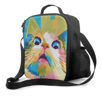 Funny Cat On Pop Art Style Изолирана чанта за обяд за училищна работа Пикник Абстрактна живопис Голяма пазарска чанта за обяд Хладилна чанта за многократна употреба