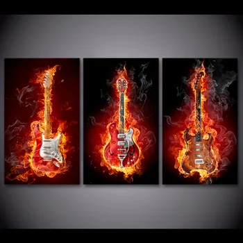 HD отпечатва снимки за хол Начало декор плакат 3 парчета огън музика електрическа китара горящ пламък платно живопис рамка