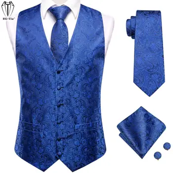 Hi-Tie Navy Blue Sky Royal Blue жакард коприна мъжки жилетка вратовръзка кърпичка копчета за ръкавели комплект жилетка яке вратовръзка бизнес сватба