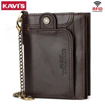 KAVIS Портфейл от естествена кожа за мъже RFID блокиращ държач за карти с джоб с цип монета многофункционален мъжки къс съединител с верига