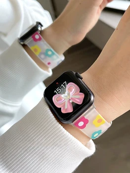 Korea Сладка каишка за цветя за Apple Watch Ultra 2 49mm 41 45 40 44mm 42 За iwatch Series 9 8 7 SE 6 5 Correa силиконова прозрачна лента