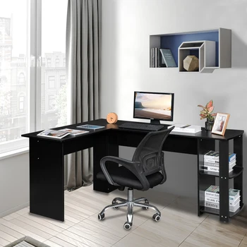 L-образно дървено офис компютърно бюро с 2 слоя рафтове големи черни офис мебели компютърни бюра