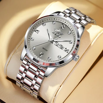 LANMSOM марка мода сив кварцов часовник за мъже неръждаема стомана водоустойчив светлинен седмица дата мъжки часовници Relogio Masculino