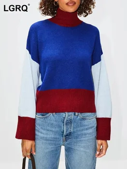 LGRQ дълги пуловери жени поло colorblock ръкав трикотажни случайни хлабав пуловер пуловер женски модни дрехи стил 19Z1560