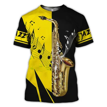 Men Trend Instrument Саксофон Графична тениска Harajuku Пиано музика Къс ръкав Хип-хоп Голям размер Мода Casual качество риза