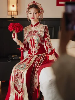 Modern Beading Cheongsam Елегантни пайети пискюли Qipao китайски традиционна сватбена рокля ориенталски тост облекло