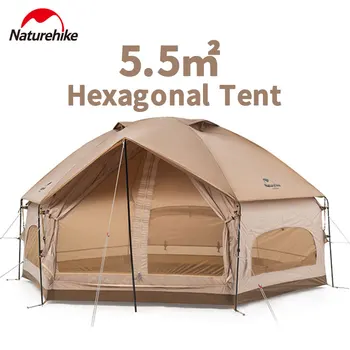 Naturehike водоустойчив къмпинг палатка пътуване 3-4 души глемпинг купол градина палатка 210T полиестер 5.5㎡ двоен слой шестоъгълна палатка