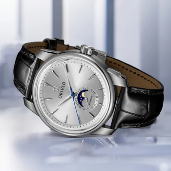 OBLVLO Луксозен лунна фаза StainlessSteel случай бял циферблат кожа автоматичен часовник бизнес водоустойчив мъжки часовник Reloj Mujer JM-MP