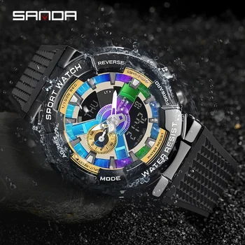 SANDA Марка спортни часовници Мъжки военни водоустойчиви удароустойчиви часовници с двоен дисплей Автоматична дата Мъжки цифрови ръчни часовници Reloj 9004