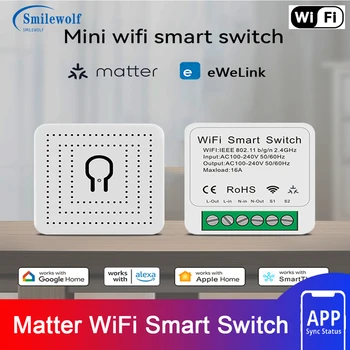 Smilewolf 16A МИНИ DIY Интелигентен превключвател Материя WiFi реле прекъсвач гласов контрол безжичен превключвател Работа с eWeLink Apple Home Alexa