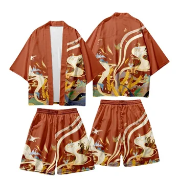 Summer Harajuku Samurai Kimono + Шорти Комплекти Костюм от две части Японска жилетка Жени Мъже Cosplay Yukata облекло