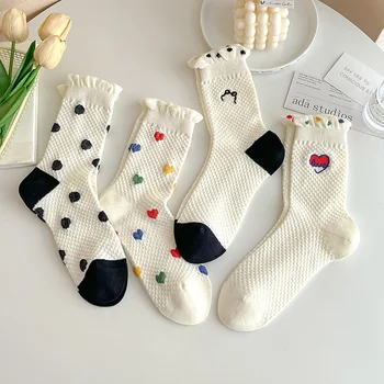 Sweet Dot памучни чорапи жени бели дълги чорапи женски бродерия сърце чорапи глезена калцетини Meias