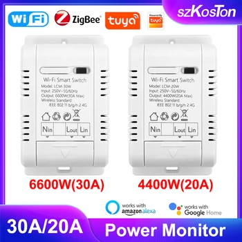 Tuya Zigbee 30A / 20A Wifi Smart Switch Безжичен релеен модул Мониторинг на захранването Синхронизиране Интелигентен живот Гласов контрол за Alexa Google