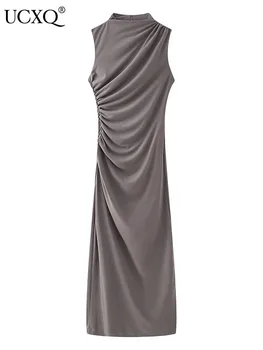 UCXQ темперамент мода стойка яка цип обратно сплит сгъната рокля жените плисирани дълги рокли женски 2024 пролет лято 7226