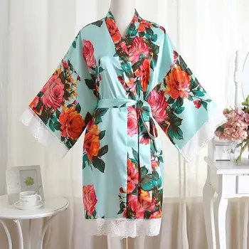 V-образно деколте жени кимоно халат булчински сватбено тържество роба рокля рокля печат нощно облекло спално облекло шаферка фоайе облекло спално облекло
