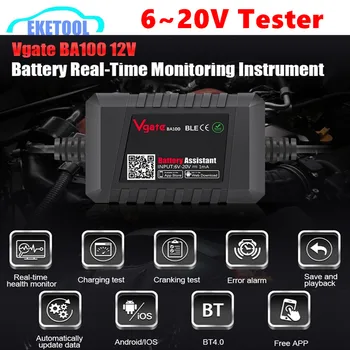 Vgate BA100 6 ~ 20V тестер за батерии работи чрез Bluetooth 4.0 телефон APP Мониторинг в реално време Напрежение & здраве батерия Assiantant