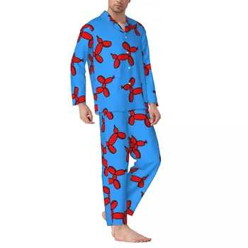 Балон кучета пижама комплекти червено и синьо удобно спално облекло женски дълги ръкави хлабав спалня 2 парчета нощно облекло голям размер XL 2XL