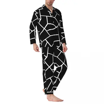 Бели скандинавски линии пижама комплекти мозайка геометрични топло спално облекло мъже дълъг ръкав хлабав стая 2 броя Начало костюм голям размер 2XL