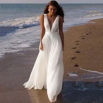 Бохемски дълбоко V-образно деколте тюл сватбена рокля без ръкави отворен обратно плаж булчинска рокля секси A-линия етаж дължина граждански vestidos de novia