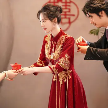 Бродерия Китайска традиционна сватбена рокля за булка вино червено Vestidso Cheongsam елегантен пискюл мъниста парти Qipao рокли