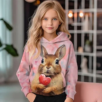Валентин момичета 3D заек Алпака качулка пуловер розов дълъг ръкав 3D печат пролет есен активна мода сладък полиестер деца