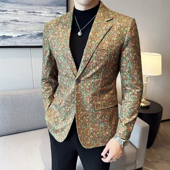 Висококачествено флорално сако за мъже Slim Fit дебел ежедневен бизнес блейзър Masculino Office Social Сватбена рокля палто 2023
